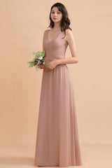 V-Neck Dusty Rose Chiffon Bridesmaid Dresses with Ruffles