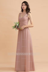 V-Neck Dusty Rose Chiffon Bridesmaid Dresses with Ruffles