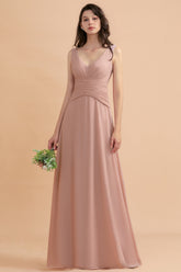 V-Neck Dusty Rose Chiffon Bridesmaid Dresses with Ruffles