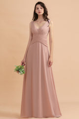 V-Neck Dusty Rose Chiffon Bridesmaid Dresses with Ruffles