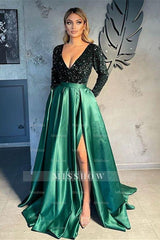 V-neck Evening Gowns For Women A-Line Split Prom Dress
