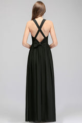 V-neck Floor Length Sleeveless Lace Top Black Bridesmaid Dress