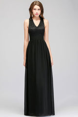 V-neck Floor Length Sleeveless Lace Top Black Bridesmaid Dress