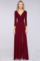 V-Neck Long-Sleeves Side-Slit Floor-Length Bridesmaid Dress with Ruffles