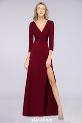 V-Neck Long-Sleeves Side-Slit Floor-Length Bridesmaid Dress with Ruffles