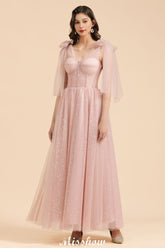 V-Neck Ruffle Chffion Sleeves Aline Bridesmaid Dress Dusty Pink Wedding party Dress