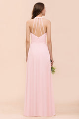 V-Neck Sleeveless Maxi Bridesmaid Dress Pink Chiffon Beach Wedding Dress