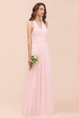 V-Neck Sleeveless Maxi Bridesmaid Dress Pink Chiffon Beach Wedding Dress