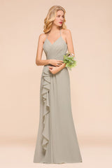 V-Neck Spaghetti Floor Length Folds Bridesmaid Dress