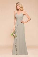 V-Neck Spaghetti Floor Length Folds Bridesmaid Dress