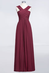 V-Neck Straps Sleeveless Floor-Length Bridesmaid Dress with Ruffles