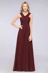 V-Neck Straps Sleeveless Floor-Length Bridesmaid Dress with Ruffles