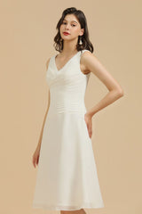 V-Neck White Simple Chiffon Mini Daily Casual Dress Short Party Dress