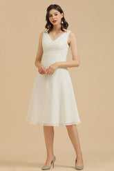 V-Neck White Simple Chiffon Mini Daily Casual Dress Short Party Dress