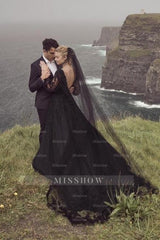 Vintage A-Line Black V-neck Wedding Dresses With Long Sleeves