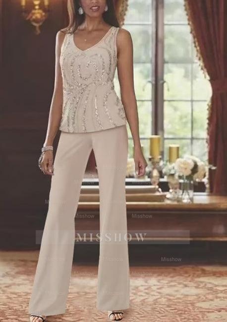 Vintage jewel long sleeves two pieces chiffon mother dress sequined