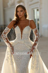 Vintage Long Ivory Mermaid Spaghetti Straps V-neck Lace Wedding Dress with Detachable Train