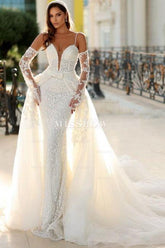 Vintage Long Ivory Mermaid Spaghetti Straps V-neck Lace Wedding Dress with Detachable Train