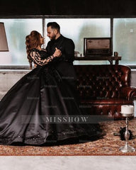 Vintage Princess Black Wedding Dresses with Sleeves