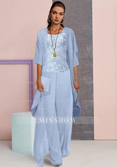 Vintage Square 3/4 length sleeves Two pieces Chiffon Mother dress