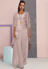 Vintage Square 3/4 length sleeves Two pieces Chiffon Mother dress