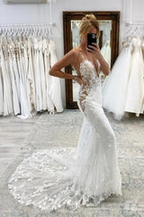 Vintage White Long Mermaid V-neck Lace Wedding Dresses
