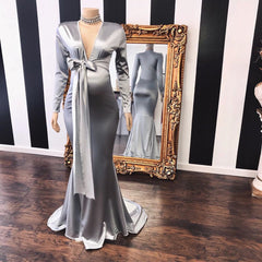 Vneck Long Sleeves Silky Ribbons Floor Length Maternity Dresses