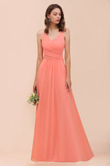 Watermelon Colorful Bridesmaid Maxi Dress Floor-Length V-Neck Maid of Honor Dress