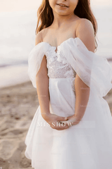 White A-line Off-the-shoulder Flower Girls Dress With Lace