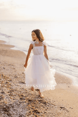 White A-line Sleeveless Straps Flower Girls Dress With Pearl
