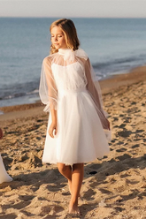 White Long Sleeves A-line Halter Flower Girls Dress