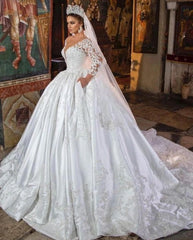 White Satin A-line Lace V-neck Wedding Dresses With Long Sleeves