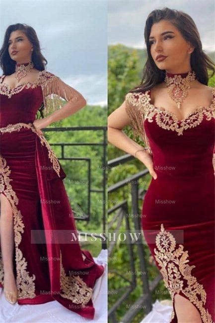Wine red evening dresses long | Velvet evening wear