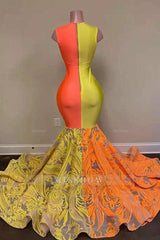 Yellow and Orange Mermaid Prom Dress Lace Long On Sale