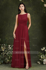 Yellow Bateau A-Line Chiffon Ruffles Split Floor-length Bridesmaid Dress With Pockets