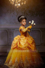 Yellow Princess Girl Dress With Lace Off-the-Shoulder Velvet Tulle Pegant Dress for Kids