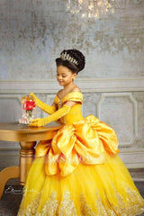 Yellow Princess Girl Dress With Lace Off-the-Shoulder Velvet Tulle Pegant Dress for Kids