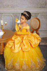 Yellow Princess Girl Dress With Lace Off-the-Shoulder Velvet Tulle Pegant Dress for Kids