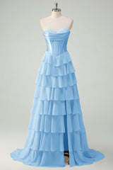 Yellow Princess Sweetheart Chiffon Ruffled Long Corset Prom Dress with Slit