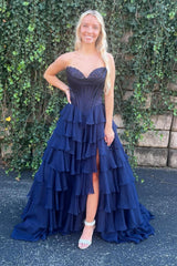 Yellow Princess Sweetheart Chiffon Ruffled Long Corset Prom Dress with Slit