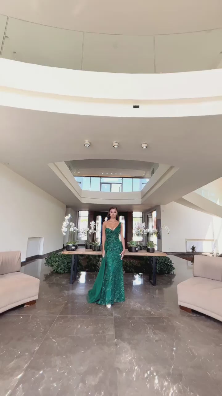 Elegant Dark Green V-neck One Shoulder Beading Prom Dress