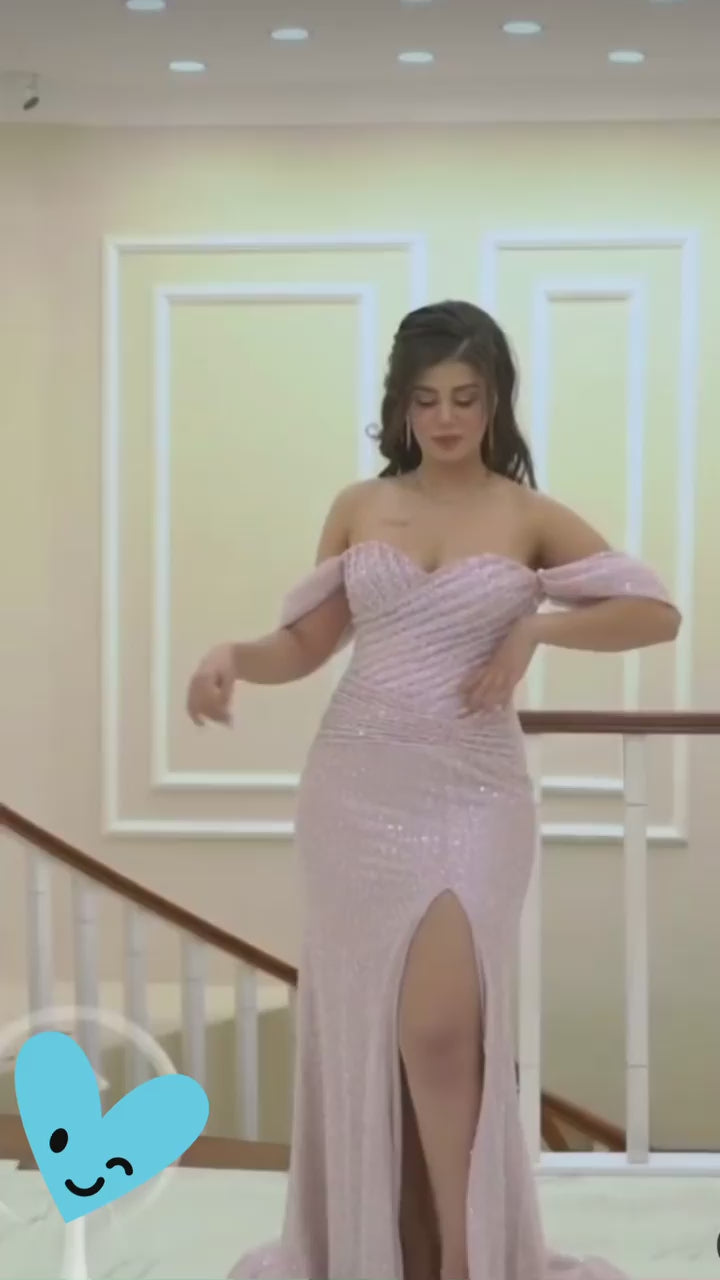 Designer Off-the-shoulder Long Evening Dresses Pink Prom Evening Dresses with glitter