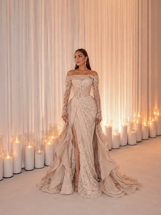 off shoulder long sleeves evening dress