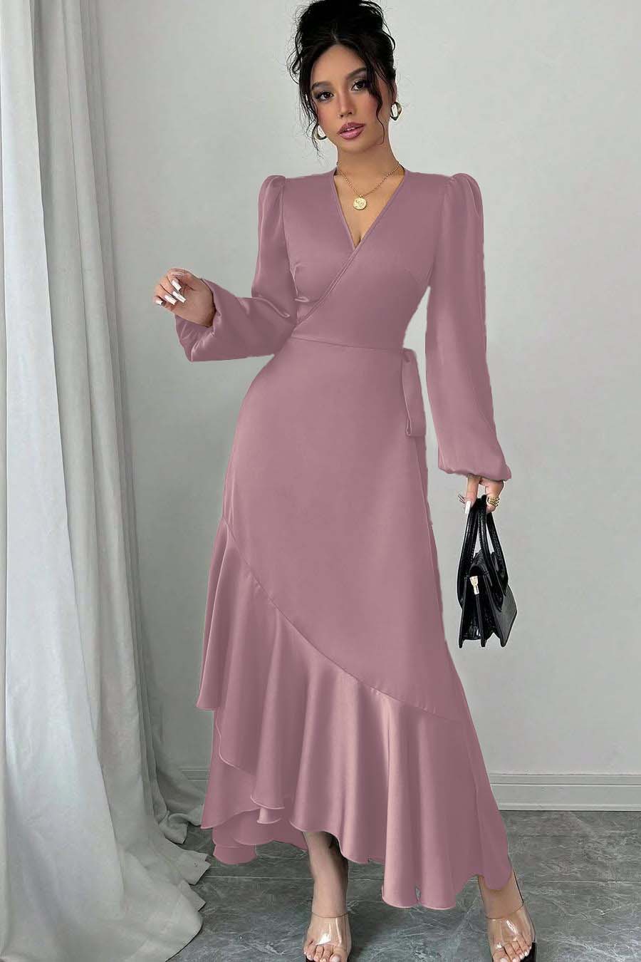 Shinning Long Sleeves V Neck Long Formal Dress With Ruffles Pleated