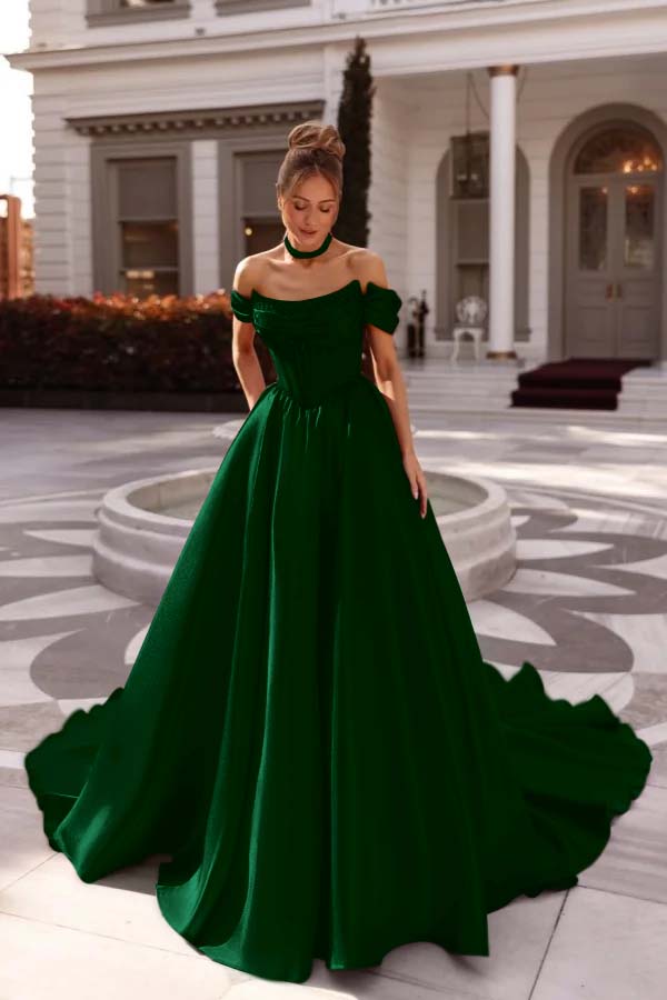 Off the Shoulder Sleeveless Long Formal Dress With Pleated Beading