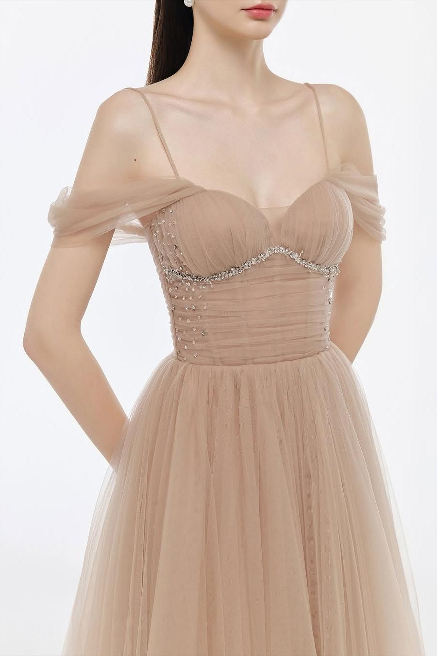 Off the Shoulder Spaghetti Strap Sleeveless Long Formal Dress With Beading
