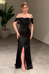 Off the Shoulder Sleeveless Long Split Formal Dress With Beading