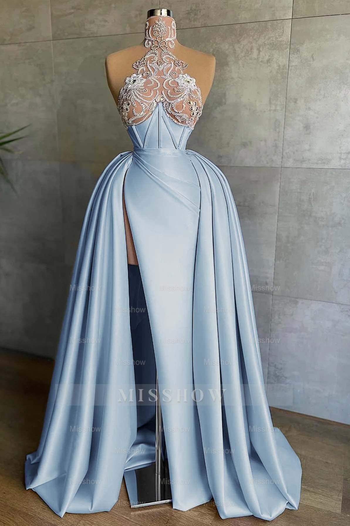 Halter Sleeveless Mermaid Split Long Formal Dress With Appliques