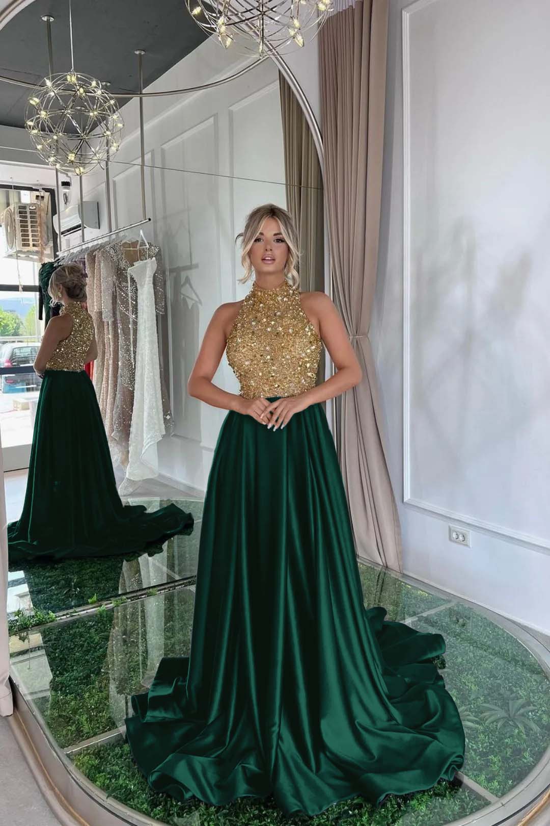 Elegant Sequins Formal Dress Gold Black Long Sleeveless Halter