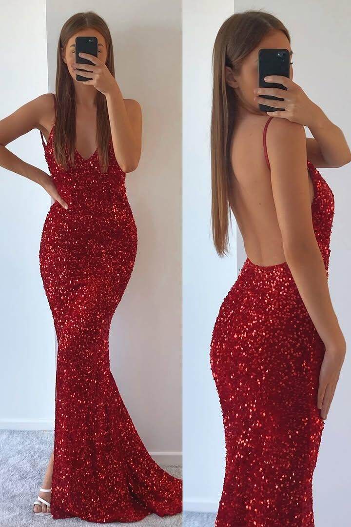Spaghetti Strap Sleeveless Long Mermaid Formal Dress With Sequins